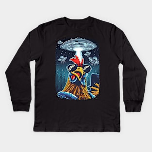 Rooster UFO Funny Chicken Meme Invasion Retro Alien Kids Long Sleeve T-Shirt